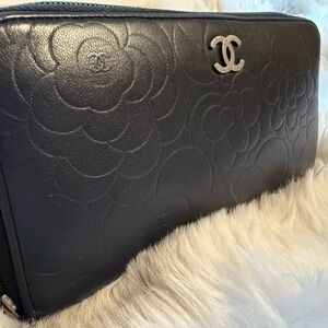CHANEL Camellia Embossed Zip Around Wallet